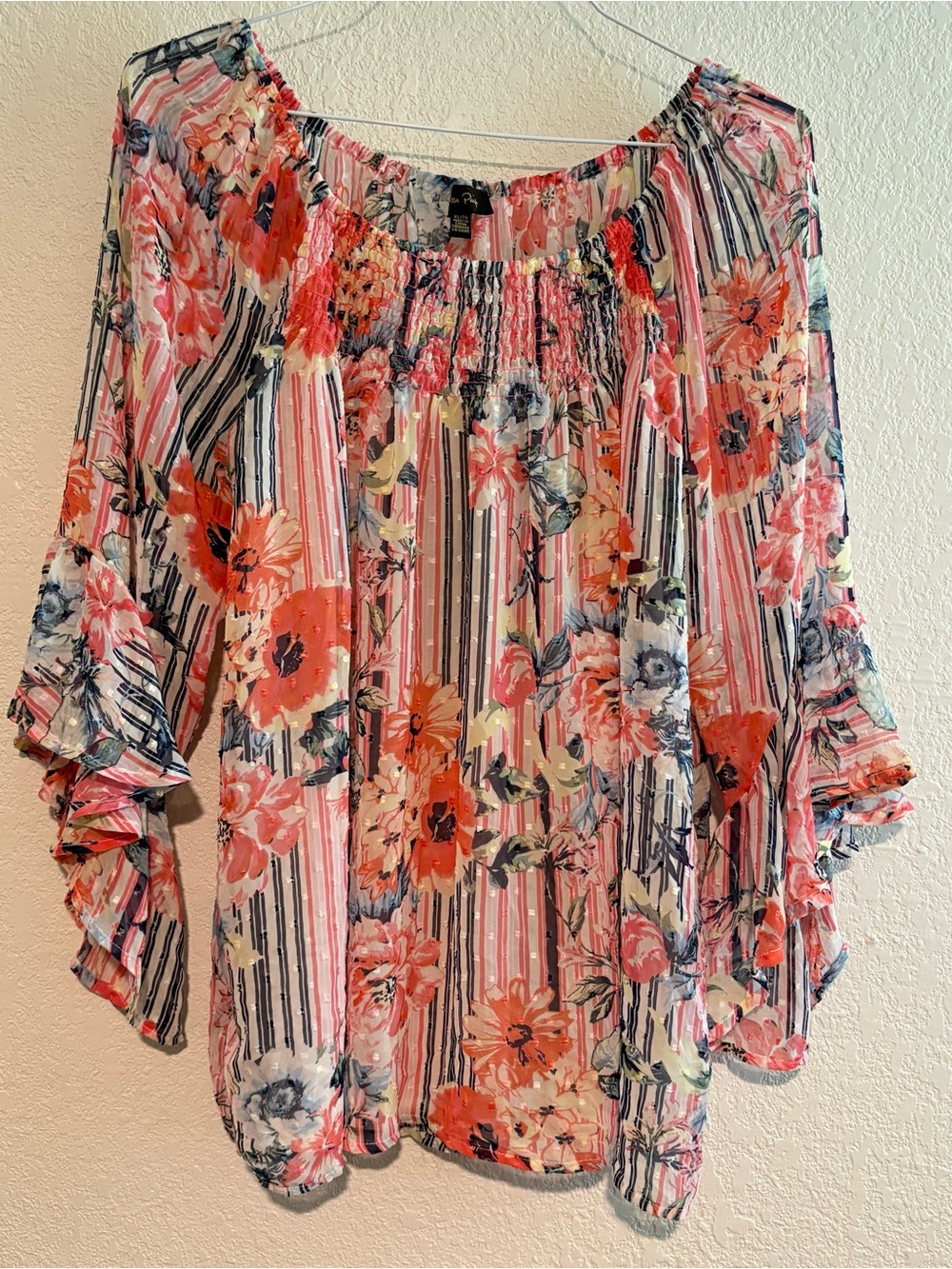 Melissa Paige Coral Floral & Navy Stripe Off-Shoulder Blouse